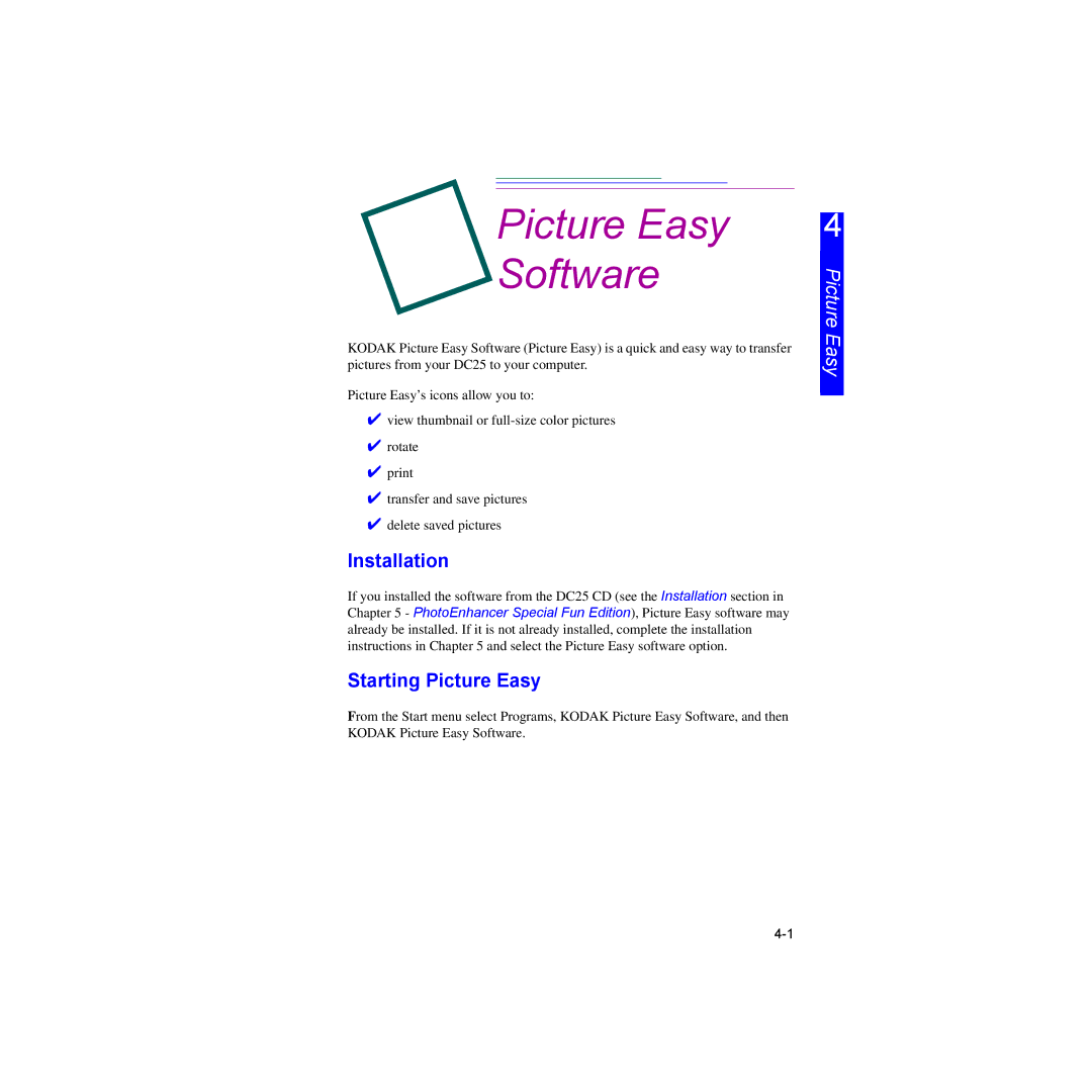 Kodak DC25 manual Picture Easy Software, Installation, Starting Picture Easy 