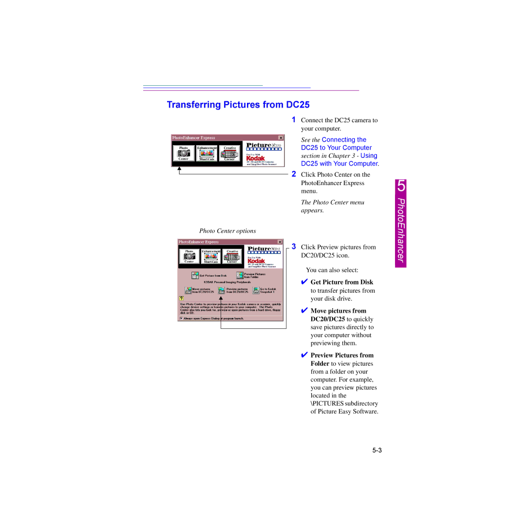 Kodak DC25 manual Photo Center menu appears Photo Center options, Preview Pictures from 