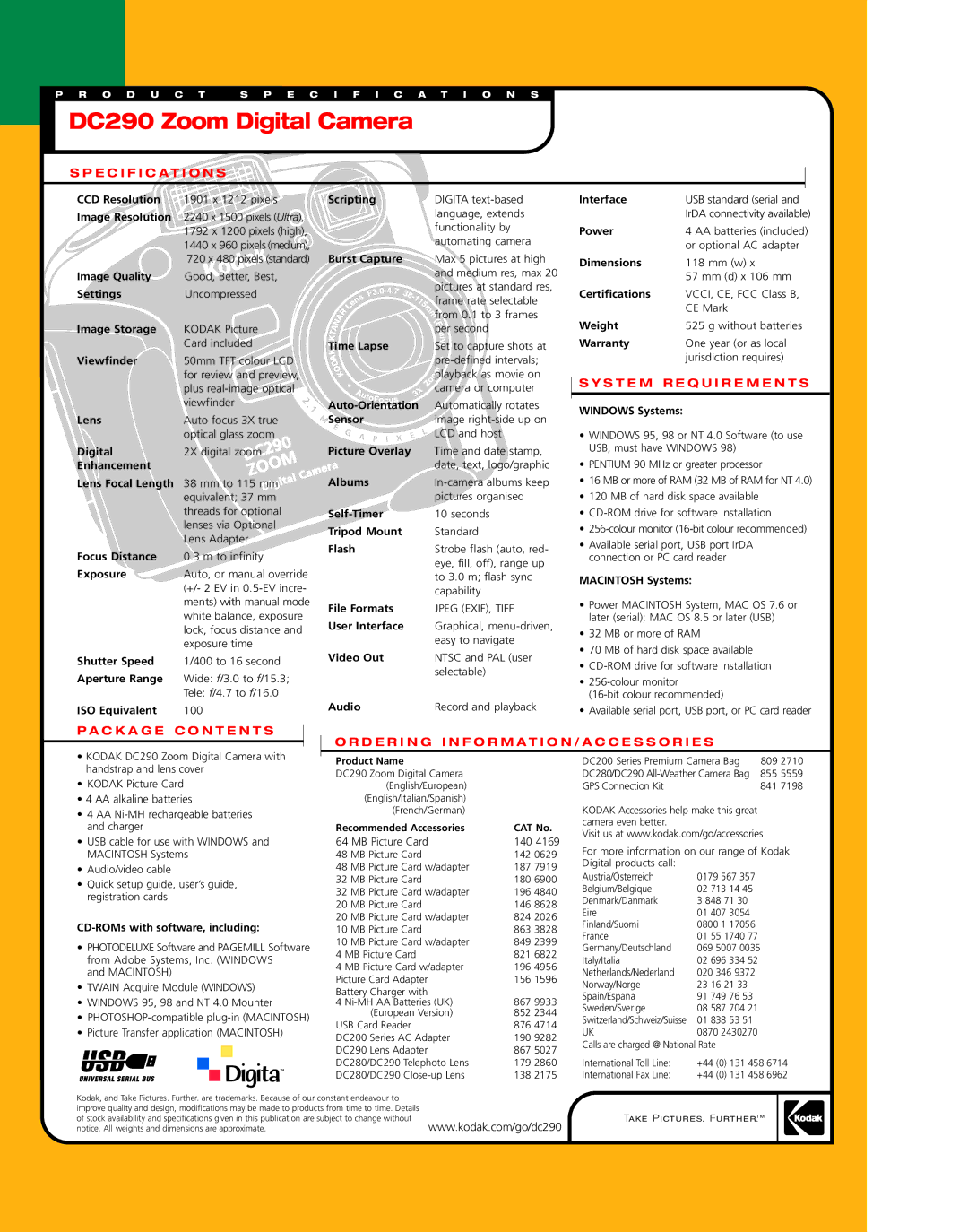 Kodak DC290 manual Specification S, S T E M R E Q U I R E M E N T S, C K a G E C O N T E N T S 