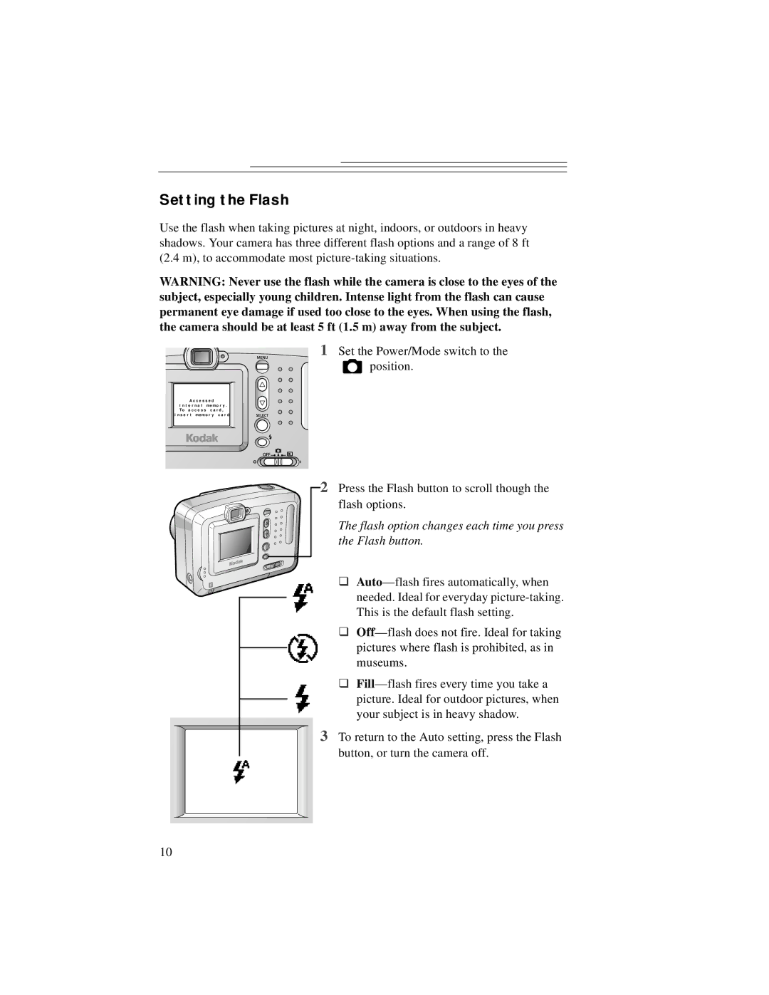 Kodak DC3200 manual Setting the Flash, Flash option changes each time you press the Flash button 