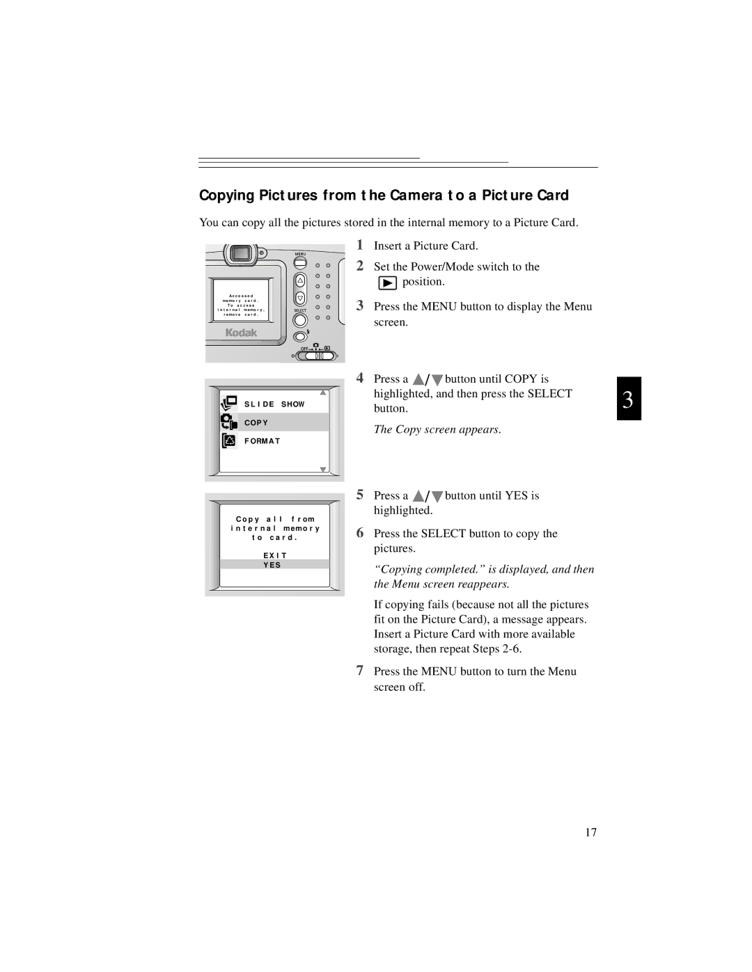 Kodak DC3200 manual Copying Pictures from the Camera to a Picture Card 