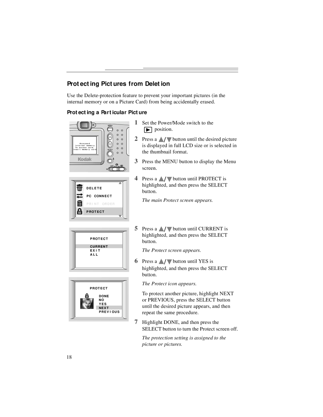 Kodak DC3200 manual Protecting Pictures from Deletion, Protecting a Particular Picture 