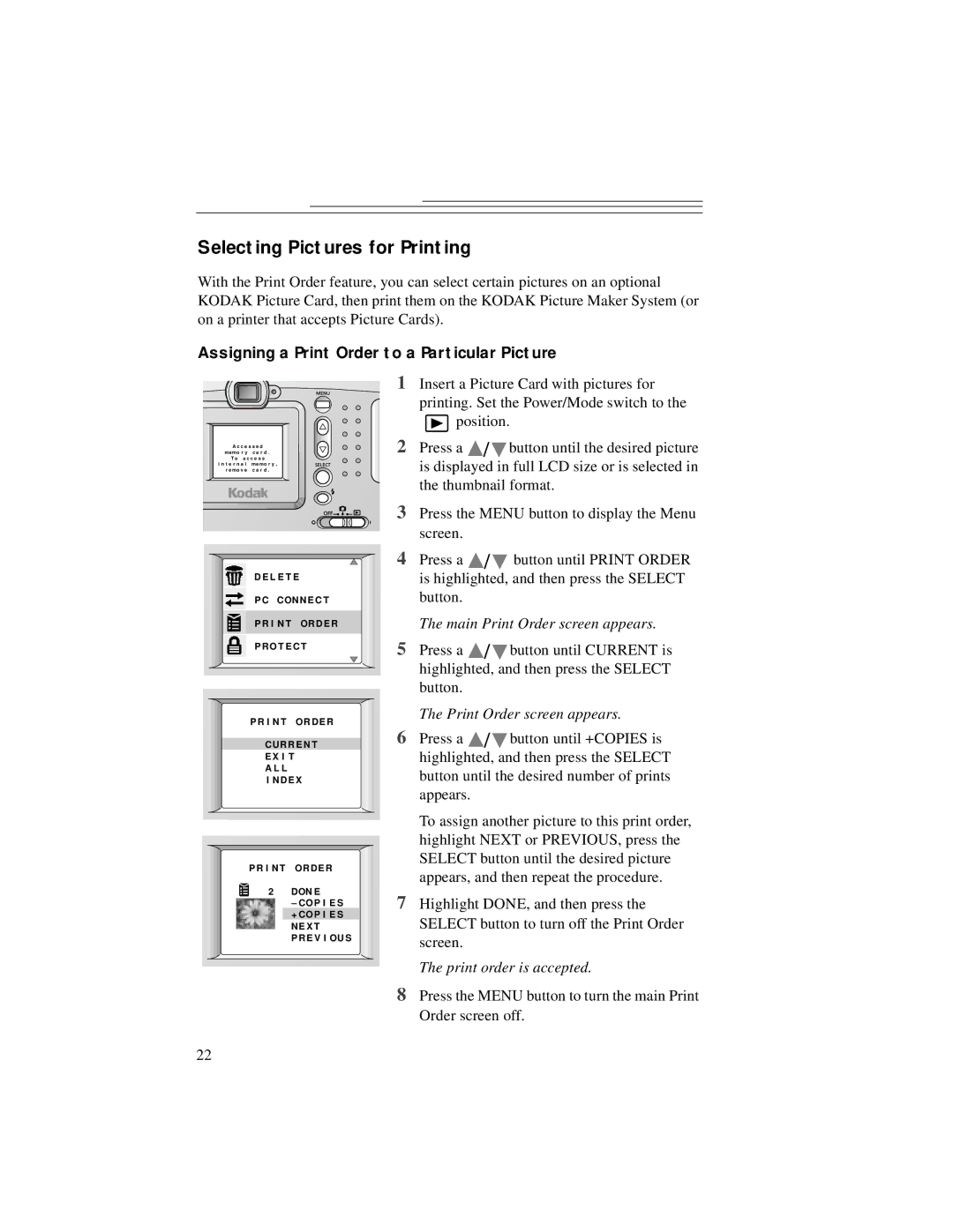 Kodak DC3200 Selecting Pictures for Printing, Assigning a Print Order to a Particular Picture, Print Order screen appears 