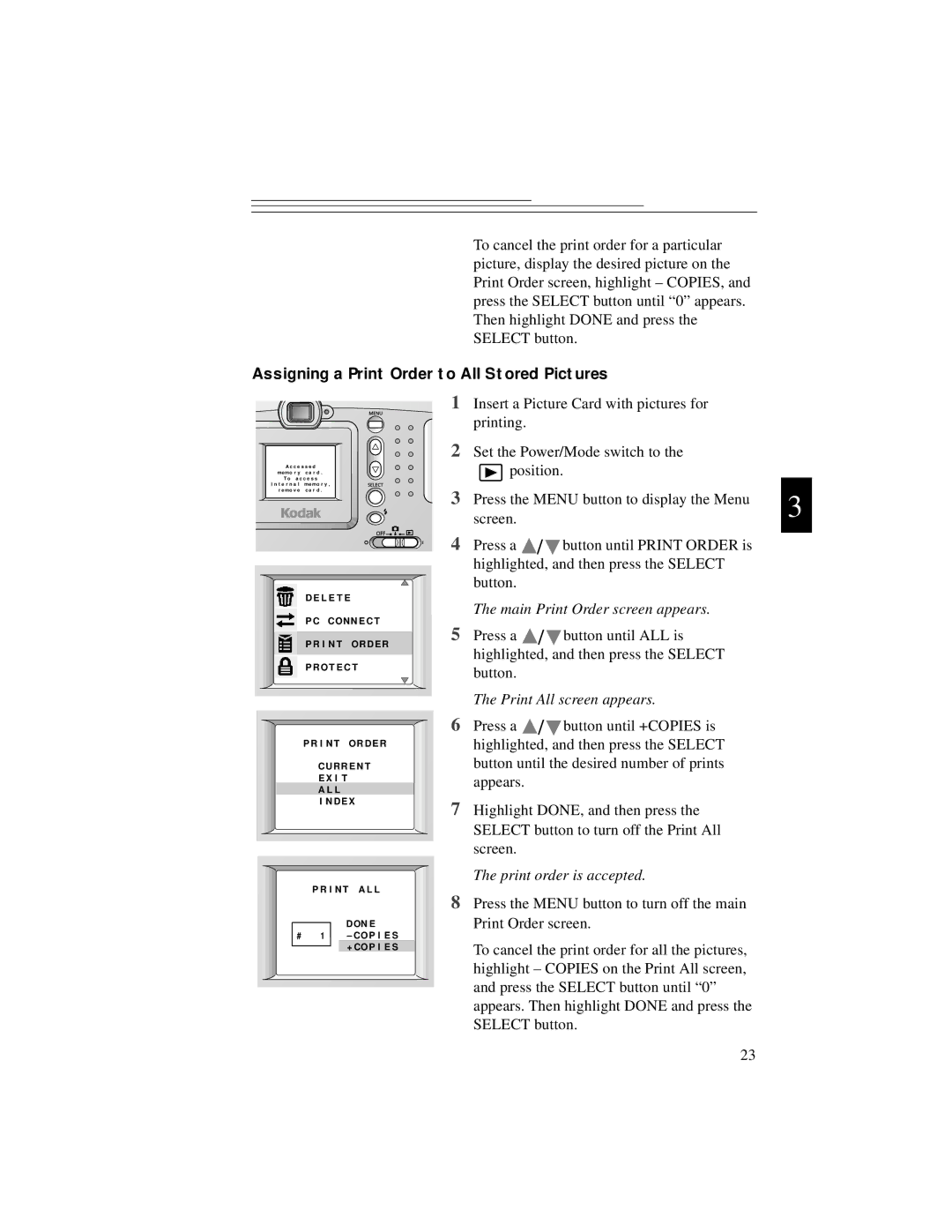 Kodak DC3200 manual Assigning a Print Order to All Stored Pictures, Print All screen appears 