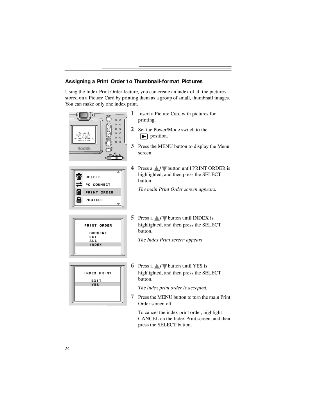 Kodak DC3200 manual Assigning a Print Order to Thumbnail-format Pictures, Index Print screen appears 