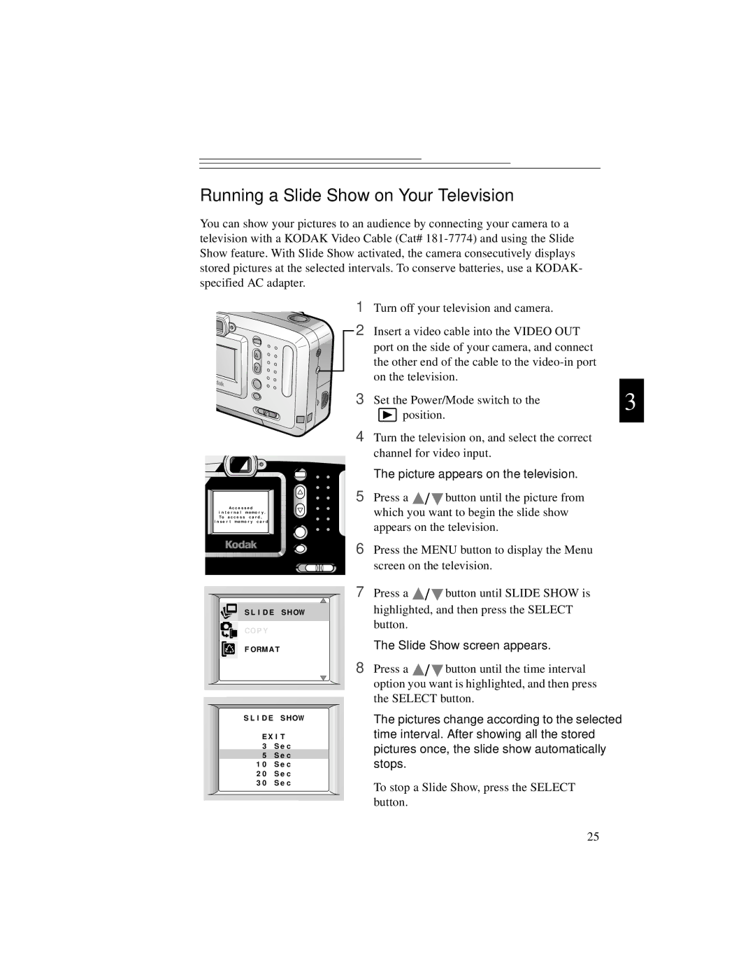 Kodak DC3200 manual Running a Slide Show on Your Television, Picture appears on the television, Slide Show screen appears 