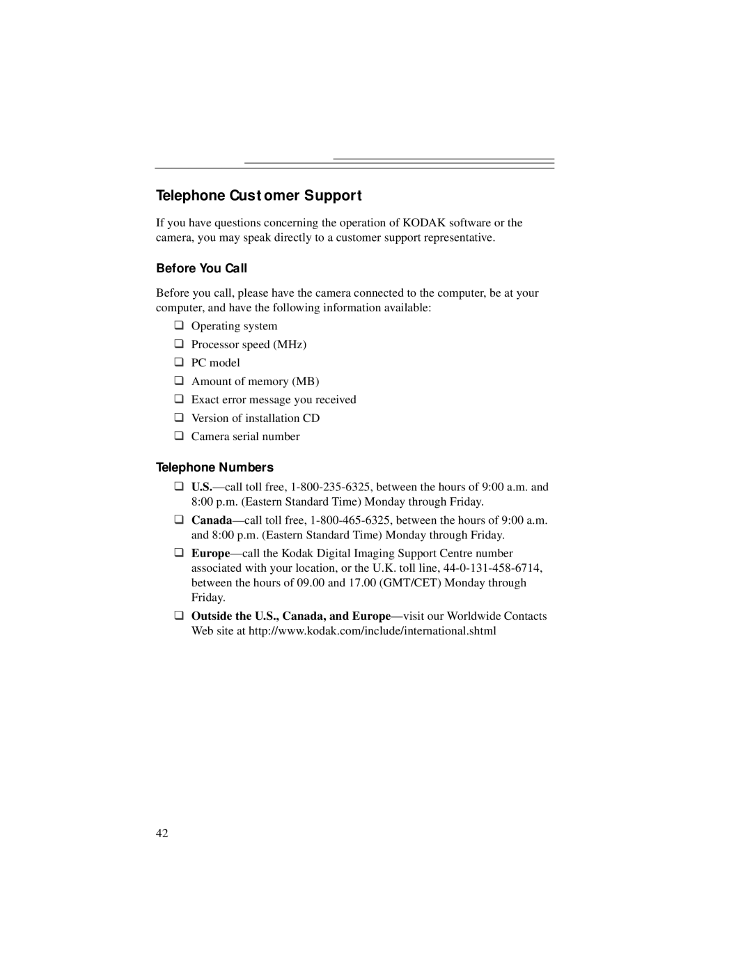 Kodak DC3200 manual Telephone Customer Support, Before You Call, Telephone Numbers 