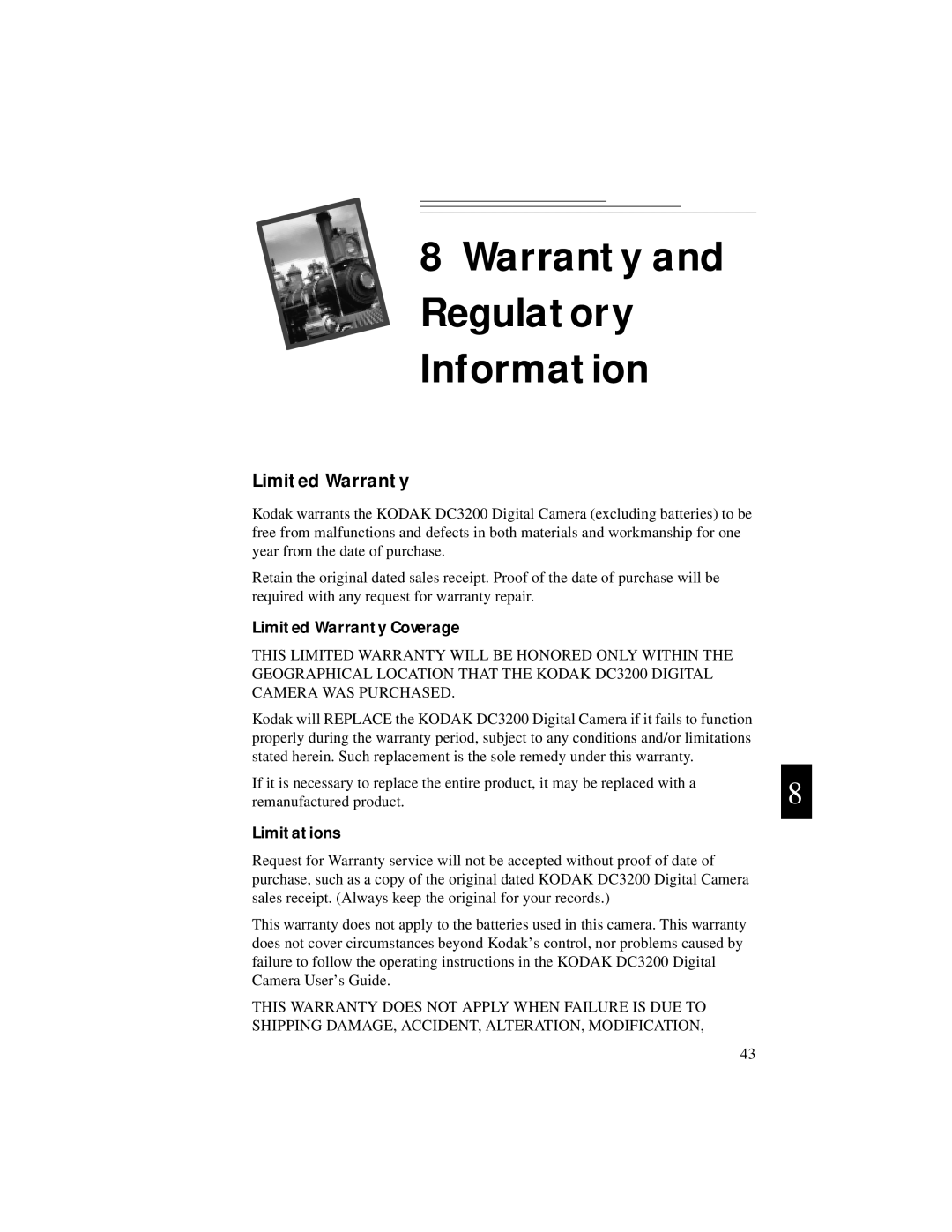 Kodak DC3200 manual Warranty Regulatory Information, Limited Warranty Coverage, Limitations 