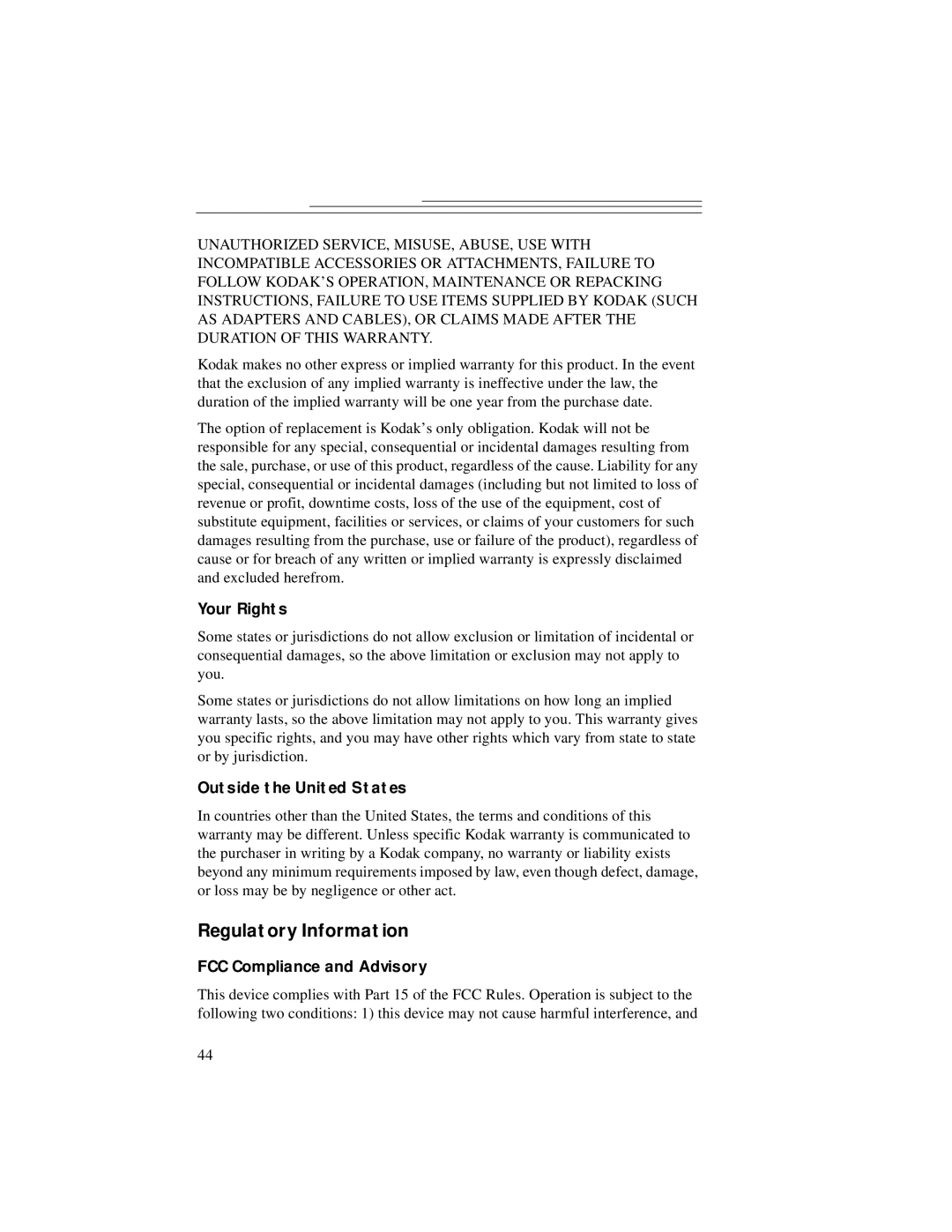 Kodak DC3200 manual Regulatory Information, Your Rights, Outside the United States, FCC Compliance and Advisory 