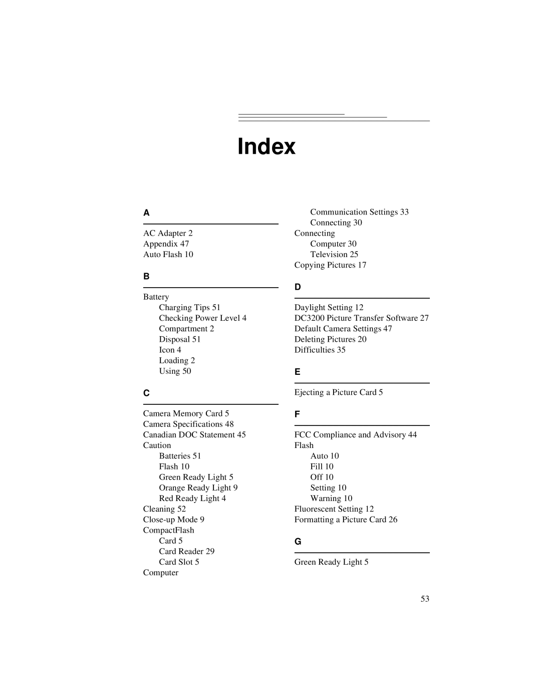 Kodak DC3200 manual Index 