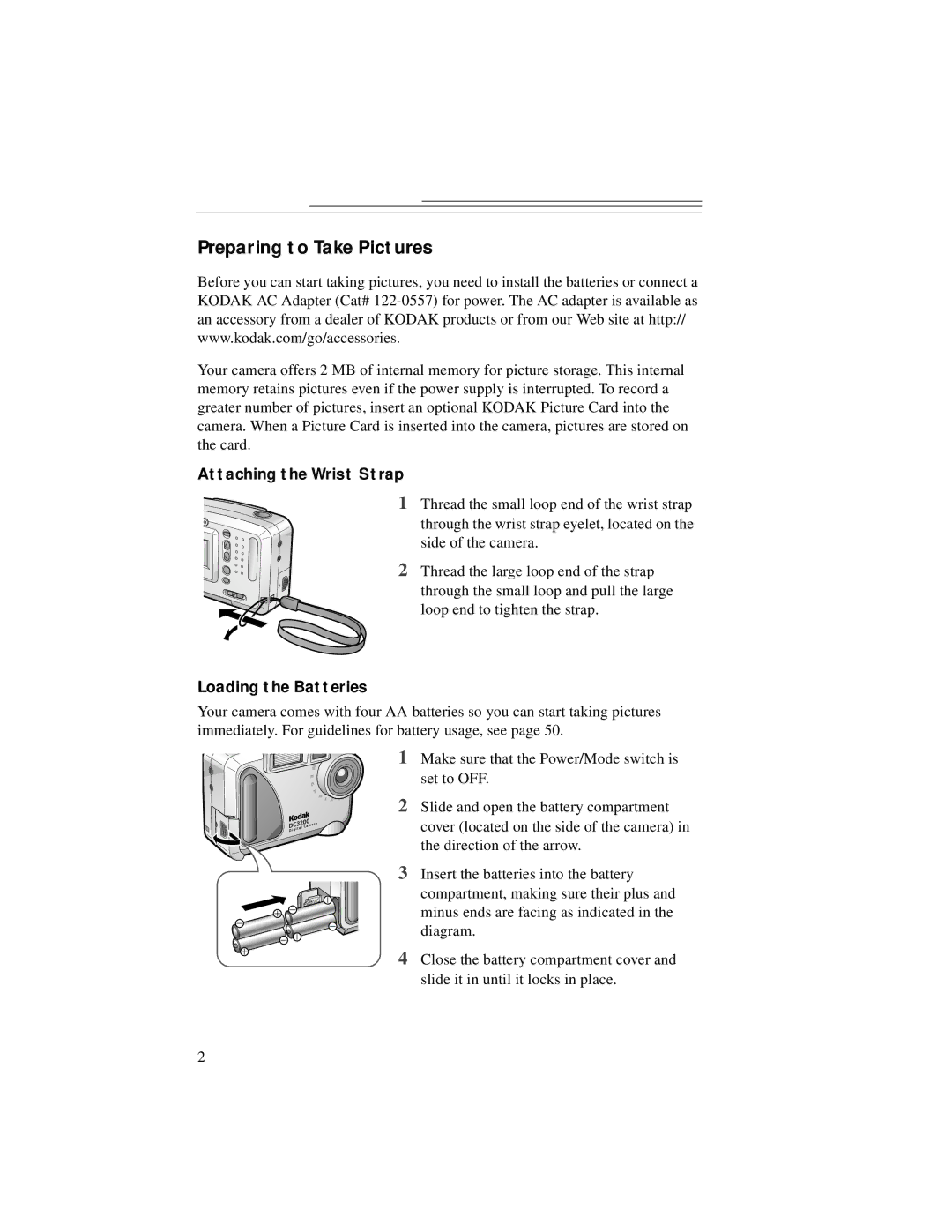 Kodak DC3200 manual Preparing to Take Pictures, Attaching the Wrist Strap, Loading the Batteries 