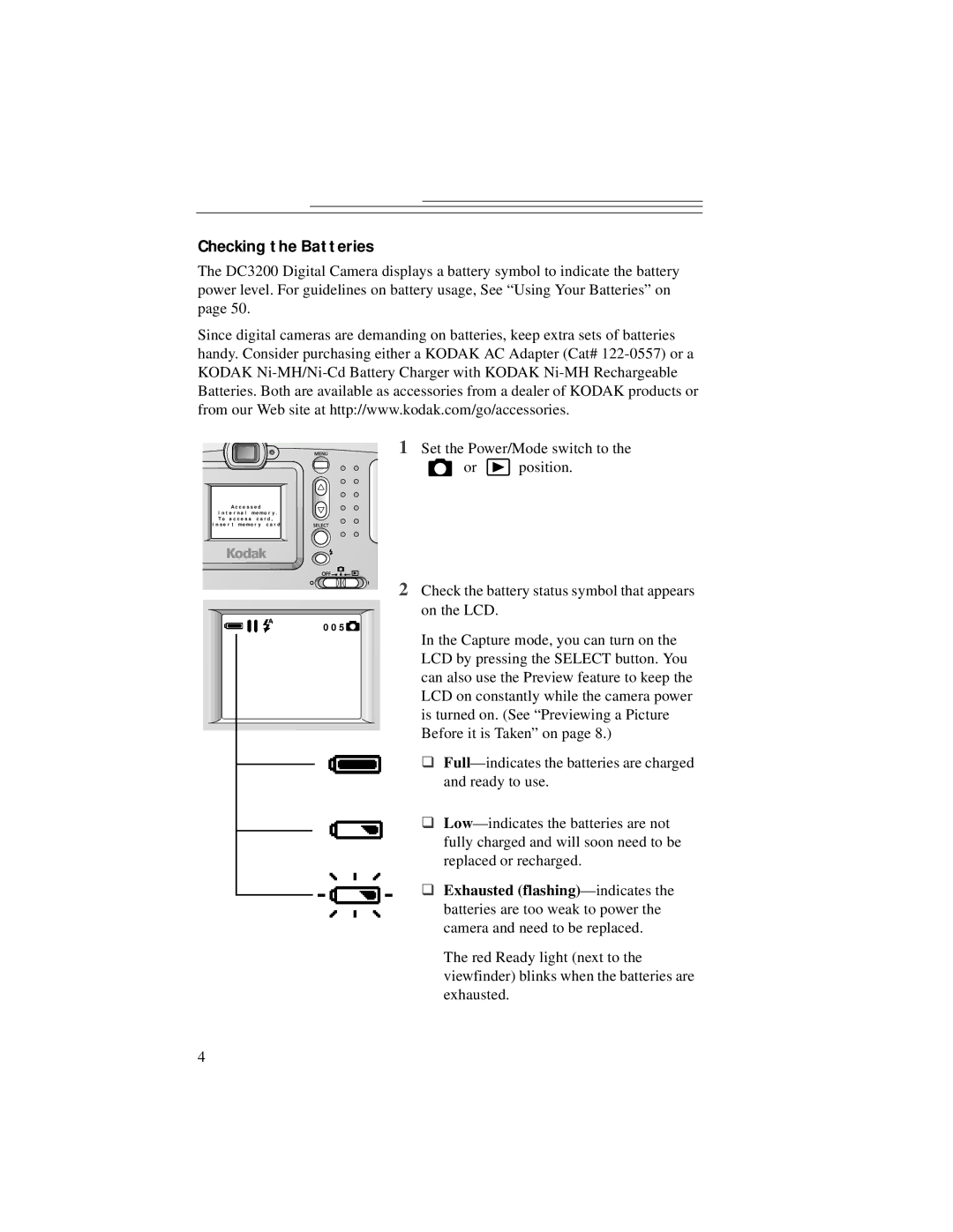 Kodak DC3200 manual Checking the Batteries 
