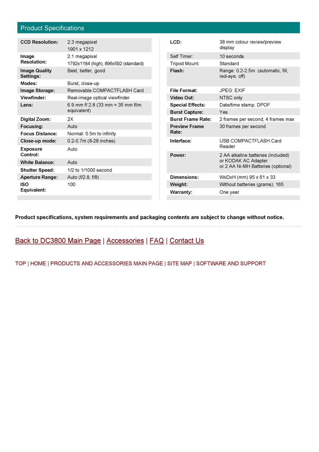 Kodak DC3800 specifications Product Specifications 