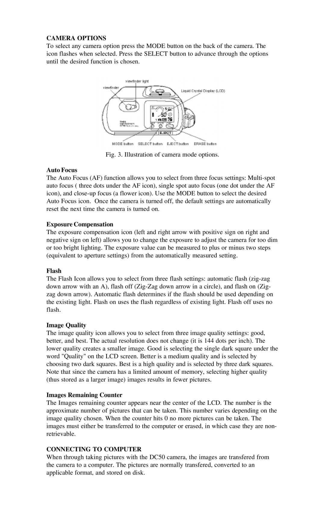 Kodak DC50 manual Camera Options, Connecting to Computer 