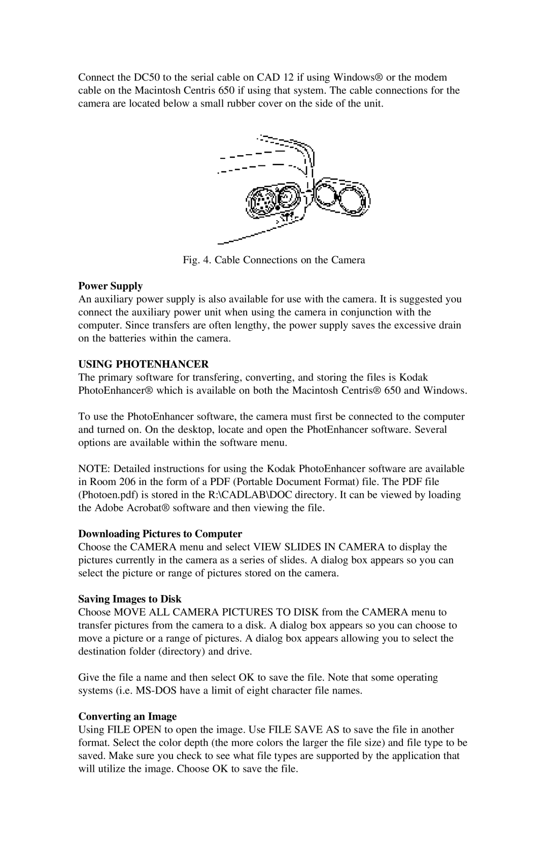 Kodak DC50 Power Supply, Using Photenhancer, Downloading Pictures to Computer, Saving Images to Disk, Converting an Image 