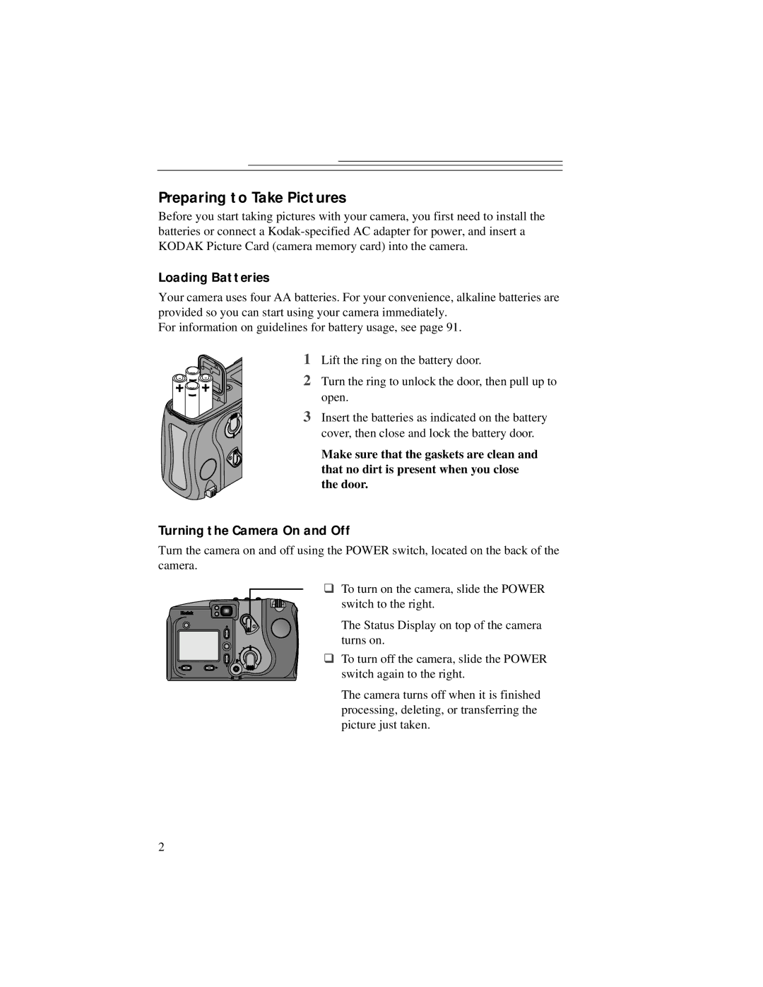 Kodak DC5000 manual Preparing to Take Pictures, Loading Batteries, Turning the Camera On and Off 