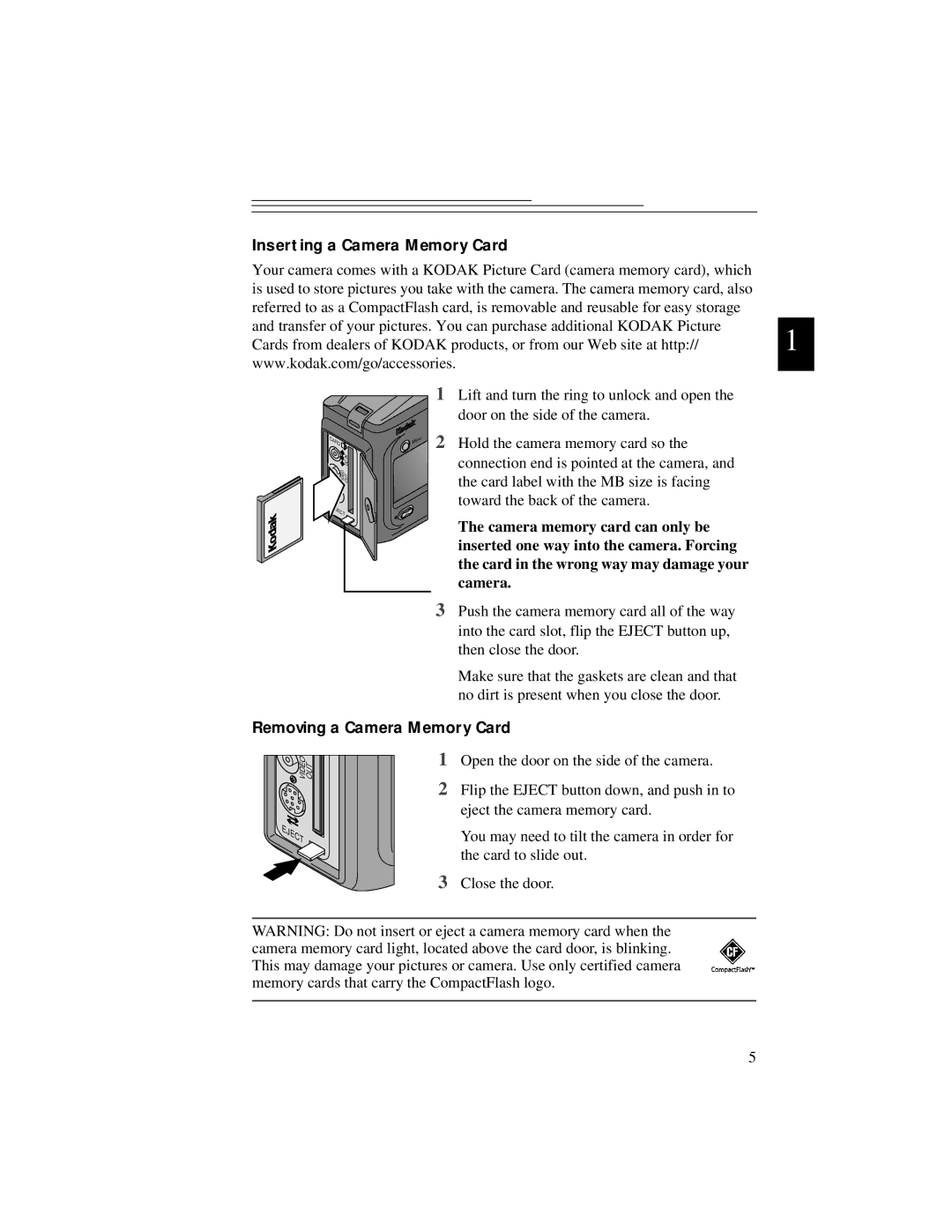 Kodak DC5000 manual Inserting a Camera Memory Card, Removing a Camera Memory Card 