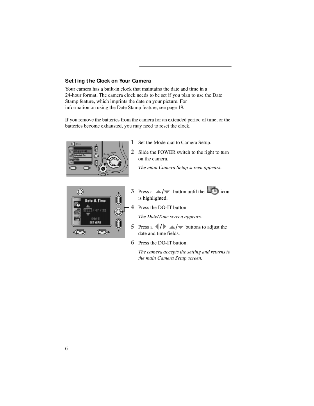 Kodak DC5000 manual Setting the Clock on Your Camera, Main Camera Setup screen appears, Date/Time screen appears 