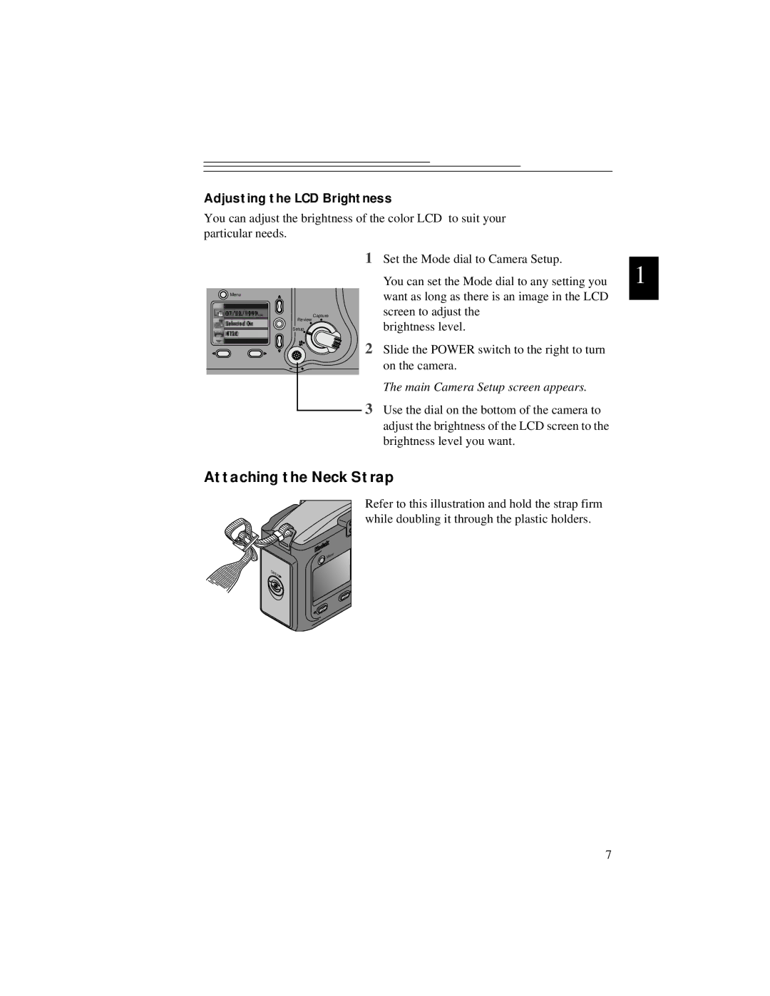 Kodak DC5000 manual Attaching the Neck Strap, Adjusting the LCD Brightness 