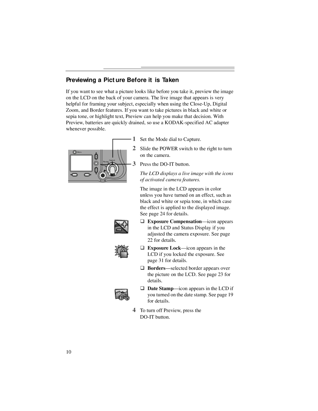 Kodak DC5000 manual Previewing a Picture Before it is Taken 