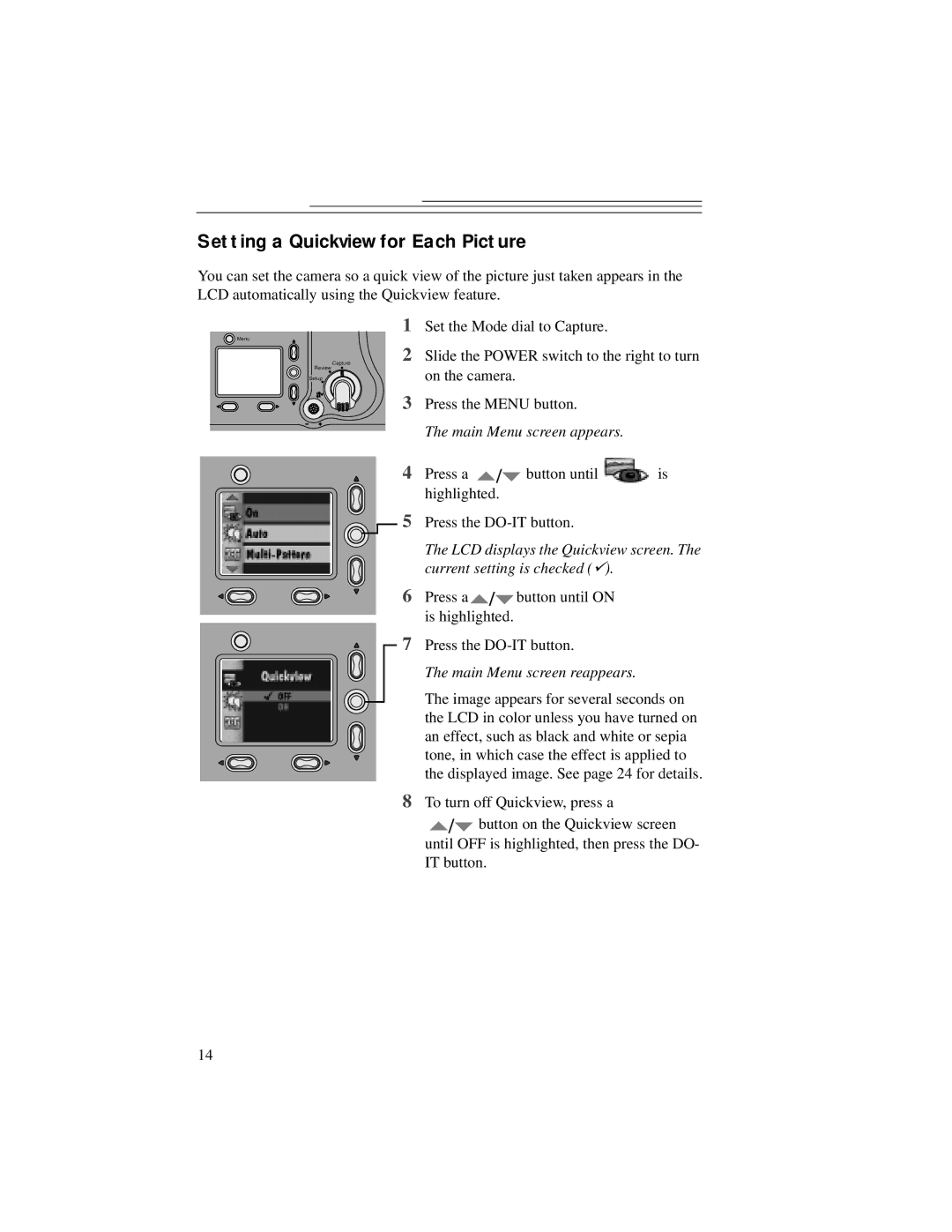 Kodak DC5000 manual Setting a Quickview for Each Picture, Main Menu screen appears, Current setting is checked  