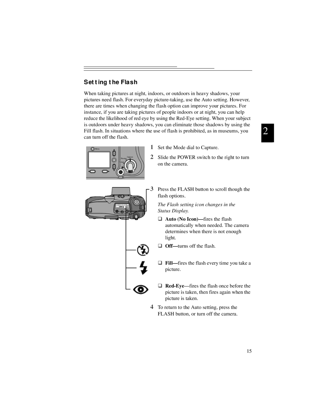 Kodak DC5000 manual Setting the Flash, Flash setting icon changes Status Display 