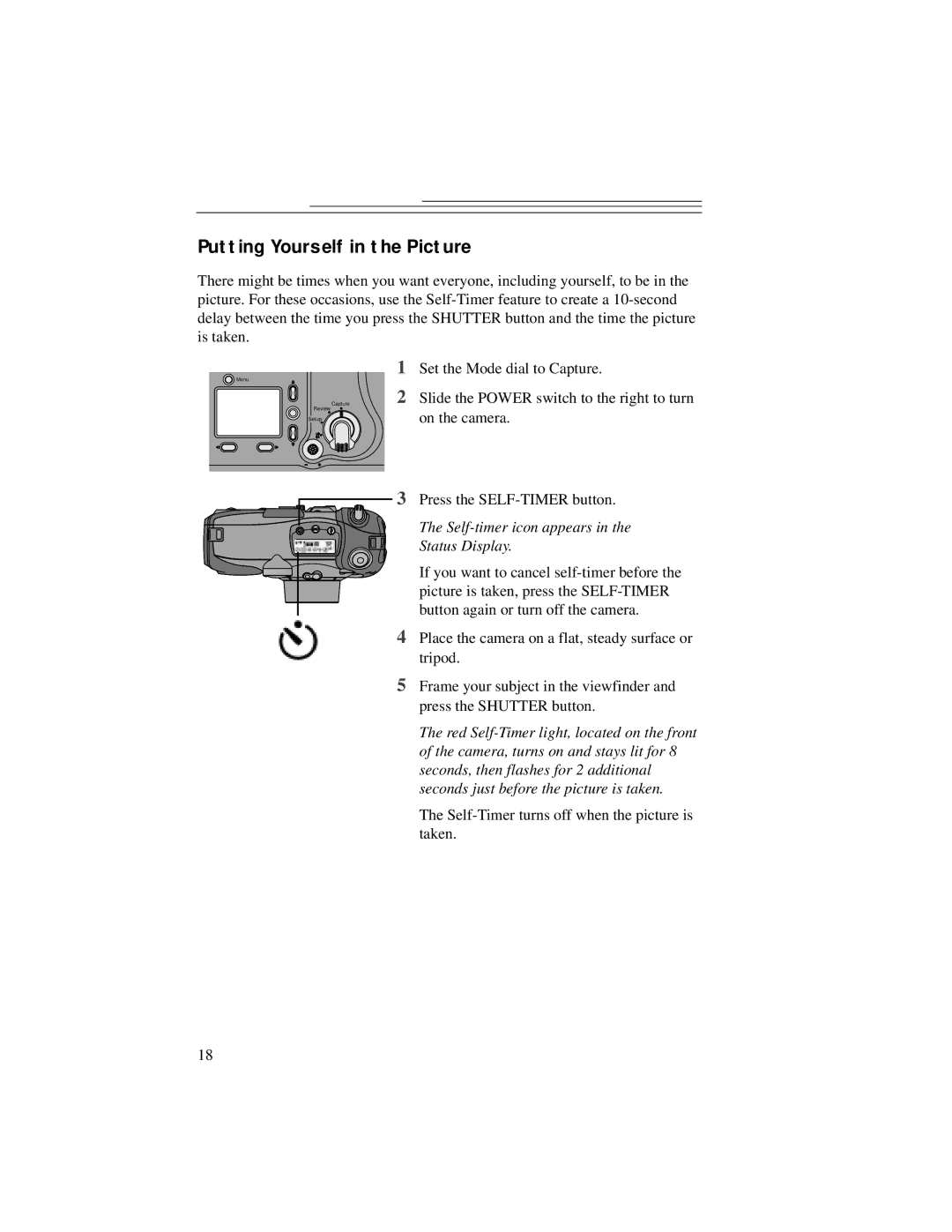 Kodak DC5000 manual Putting Yourself in the Picture, Self-timer icon appears in the Status Display 