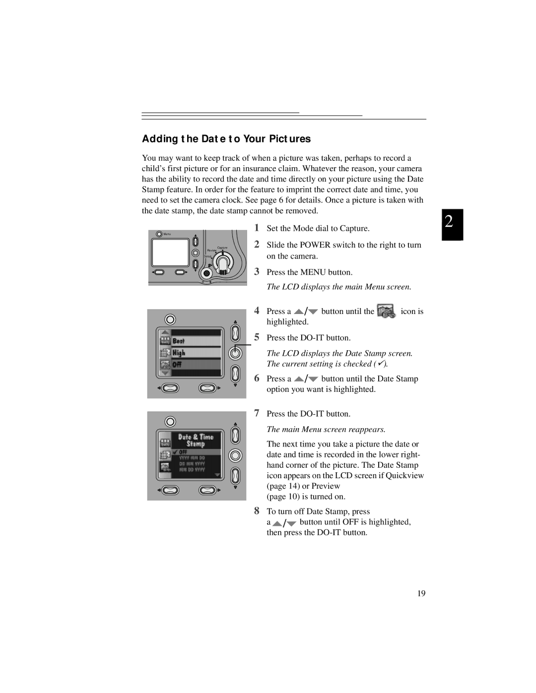 Kodak DC5000 manual Adding the Date to Your Pictures, LCD displays the main Menu screen, LCD displays the Date Stamp screen 