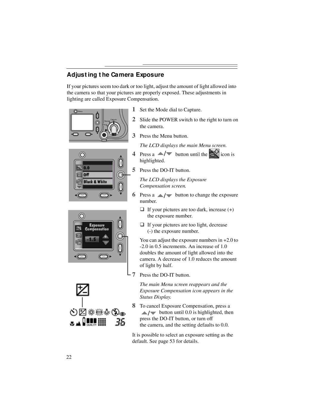 Kodak DC5000 manual Adjusting the Camera Exposure, LCD displays the Exposure Compensation screen 