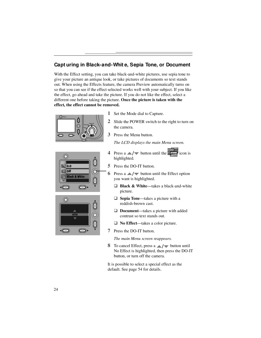 Kodak DC5000 manual Capturing in Black-and-White, Sepia Tone, or Document, Effect, the effect cannot be removed 