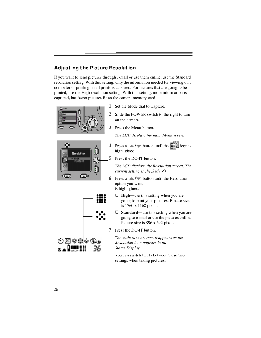 Kodak DC5000 manual Adjusting the Picture Resolution 