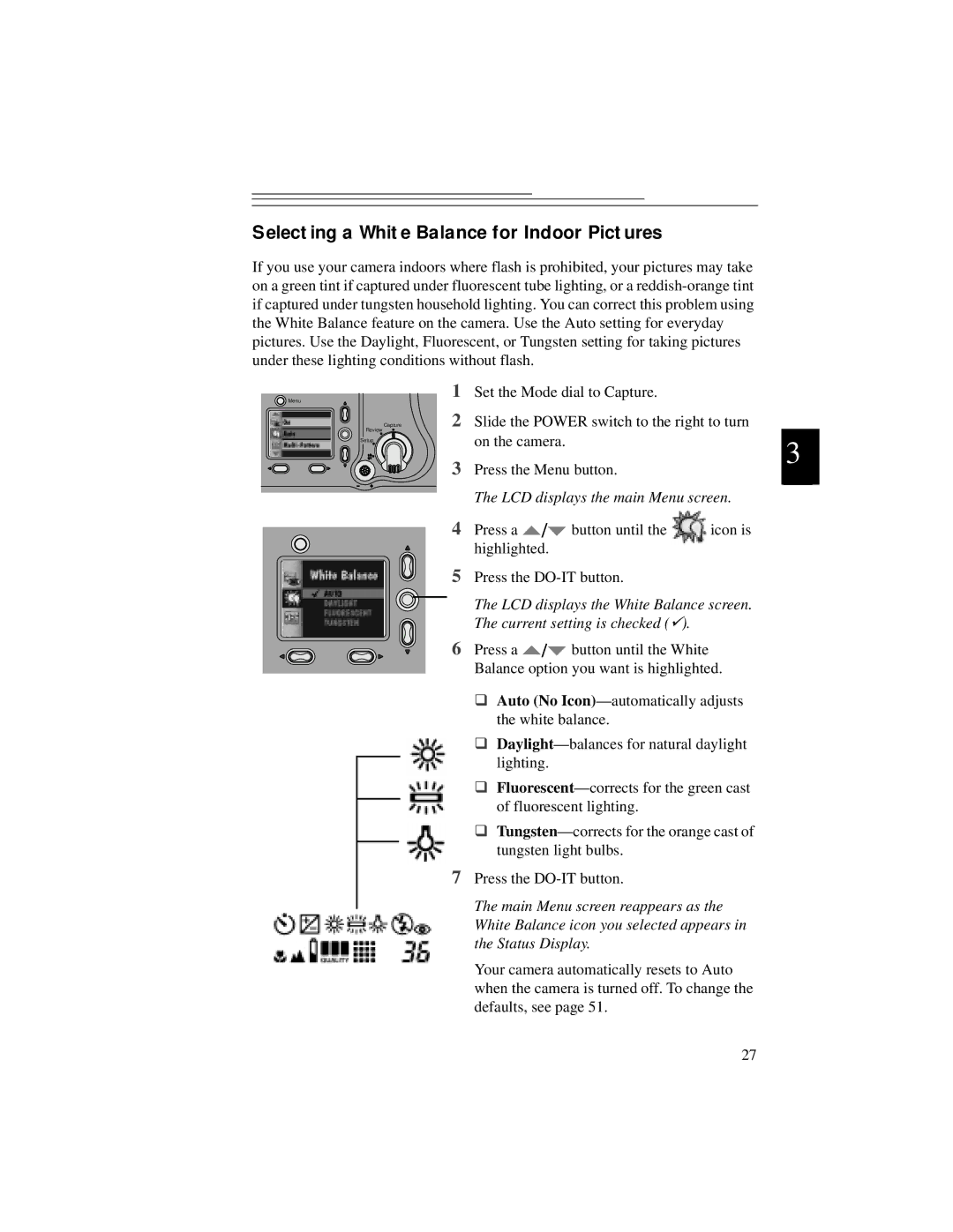 Kodak DC5000 manual Selecting a White Balance for Indoor Pictures 