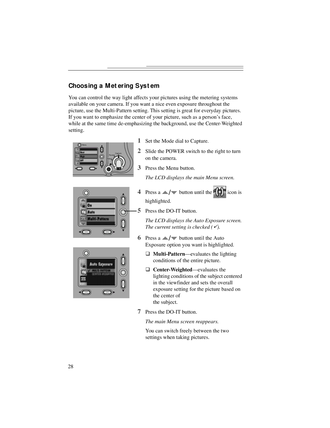 Kodak DC5000 manual Choosing a Metering System, Center-Weighted-evaluates 