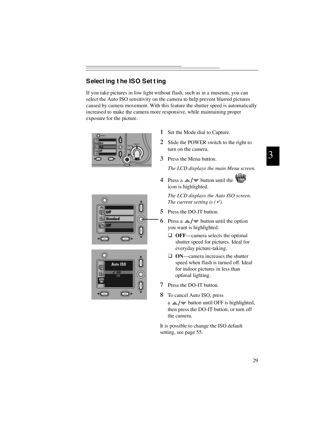 Kodak DC5000 manual Selecting the ISO Setting, LCD displays the Auto ISO screen. The current setting is  