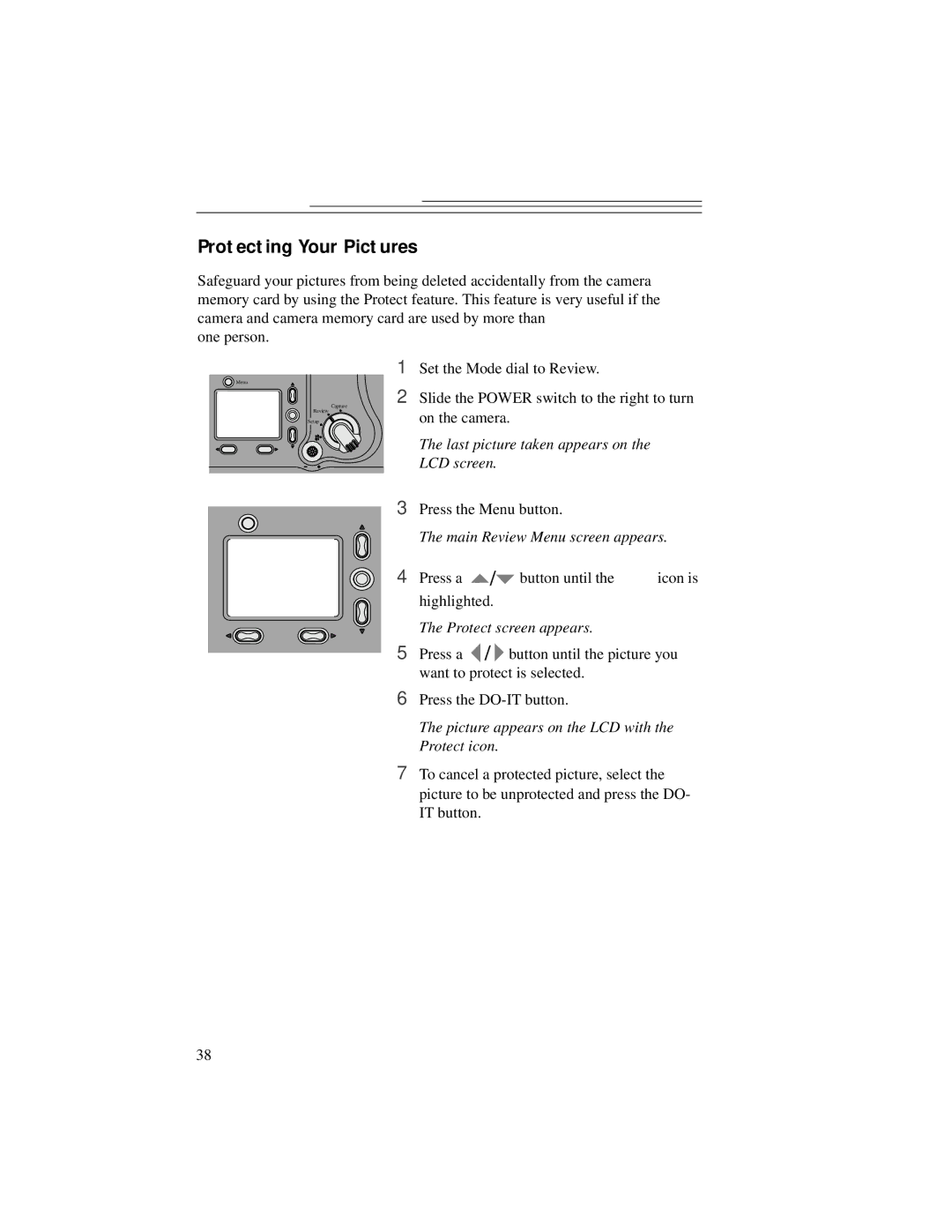 Kodak DC5000 manual Protecting Your Pictures, Protect screen appears, Picture appears on the LCD with the Protect icon 