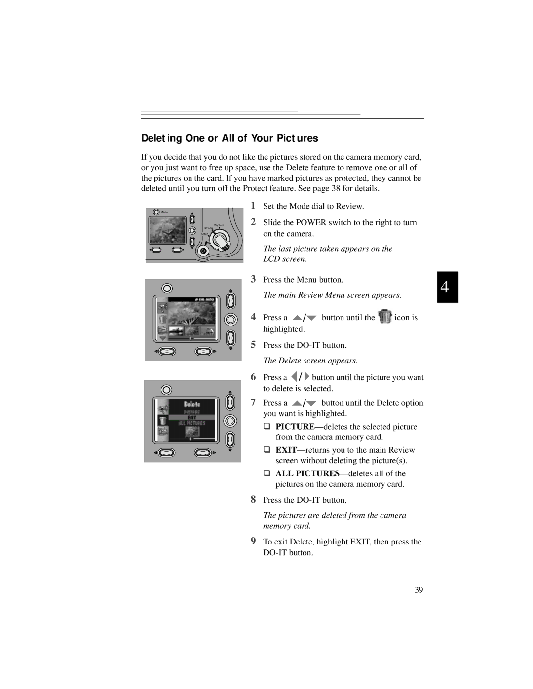 Kodak DC5000 Deleting One or All of Your Pictures, Delete screen appears, Pictures are deleted from the camera memory card 