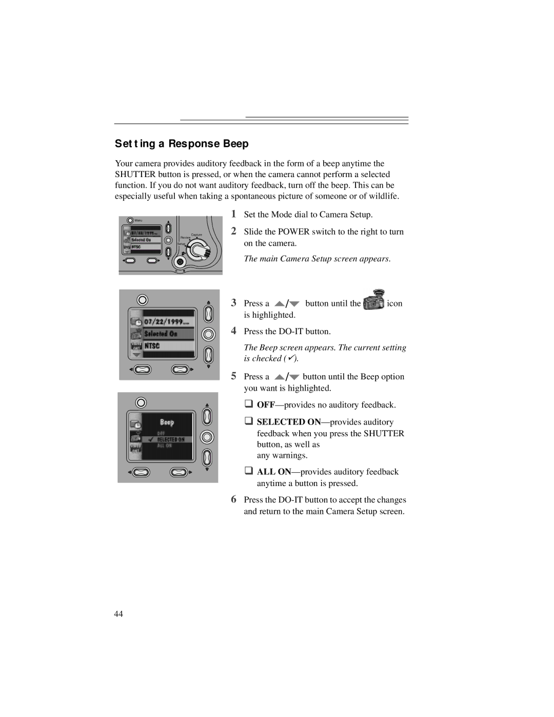 Kodak DC5000 manual Setting a Response Beep, Beep screen appears. The current setting is checked  