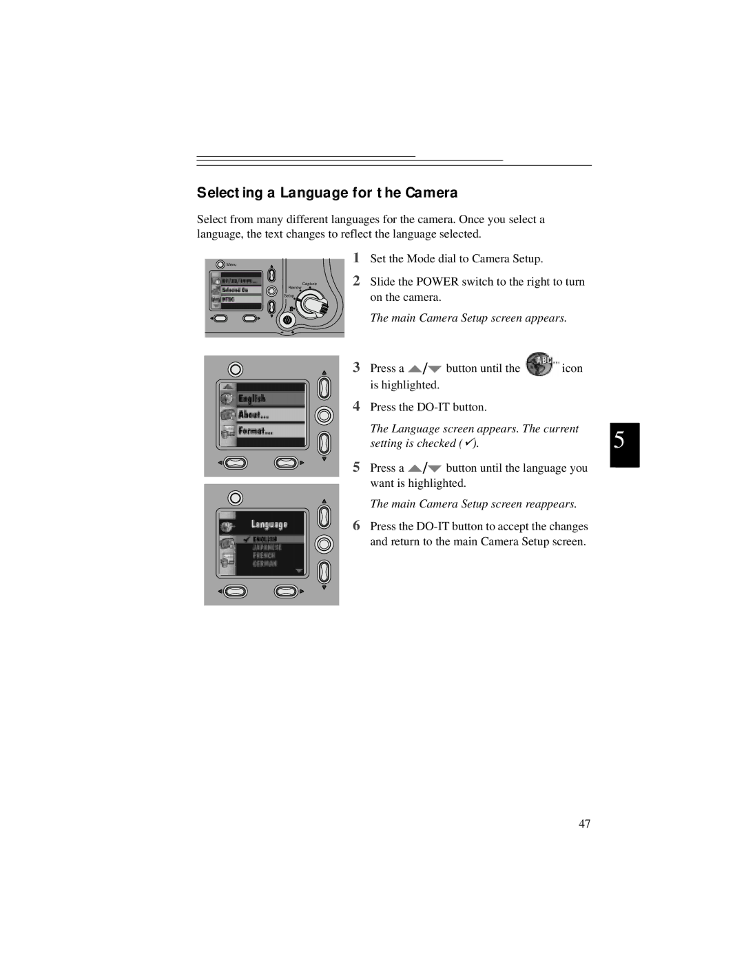 Kodak DC5000 manual Selecting a Language for the Camera, Language screen appears. The current Setting is checked  