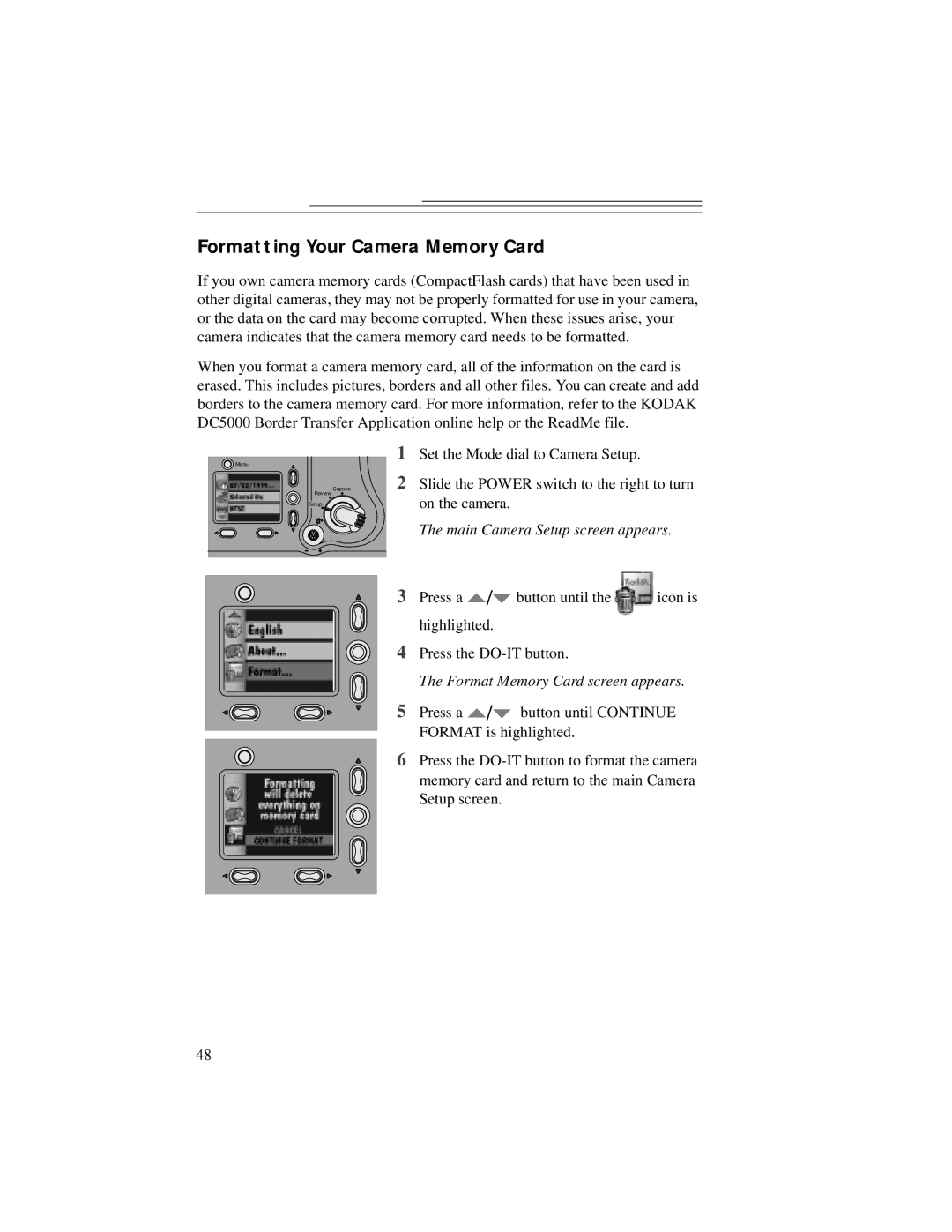 Kodak DC5000 manual Formatting Your Camera Memory Card, Format Memory Card screen appears 