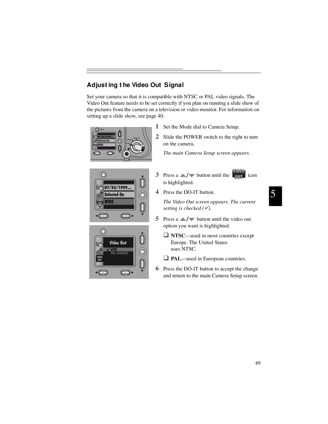 Kodak DC5000 manual Adjusting the Video Out Signal, Video Out screen appears. The current setting is checked  