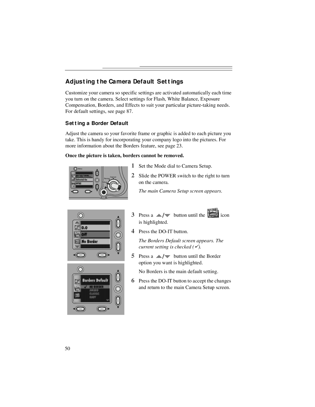 Kodak DC5000 manual Adjusting the Camera Default Settings, Setting a Border Default 