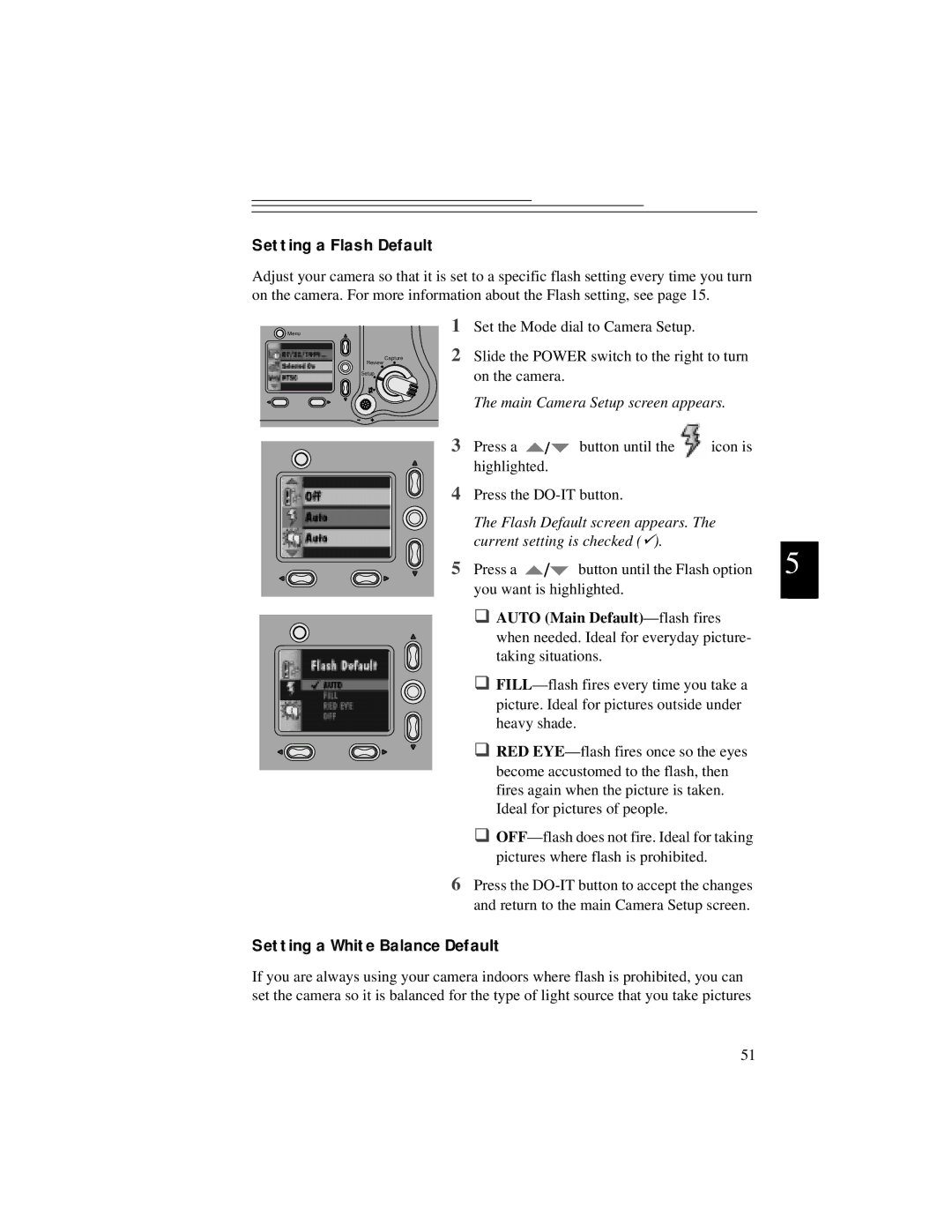 Kodak DC5000 manual Setting a Flash Default, Setting a White Balance Default, Auto Main Default-flash fires 