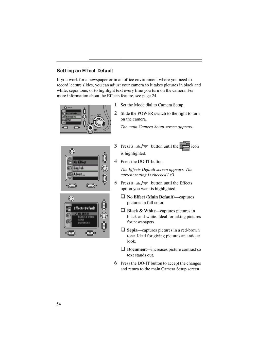 Kodak DC5000 manual Setting an Effect Default, No Effect Main Default- captures pictures in full color 