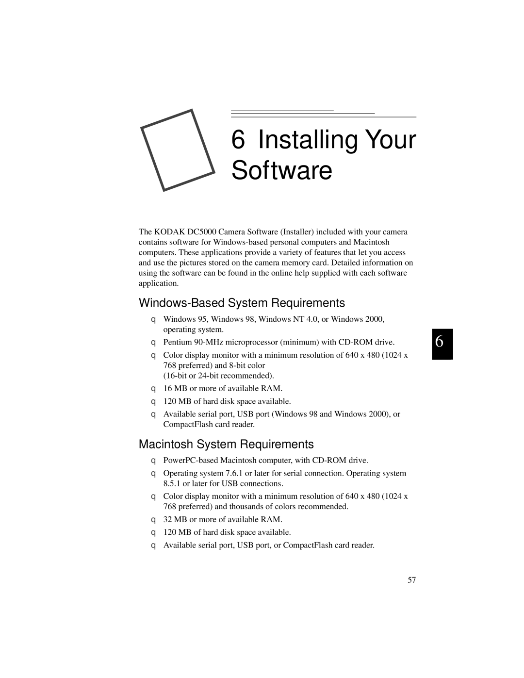 Kodak DC5000 manual Windows-Based System Requirements, Macintosh System Requirements 