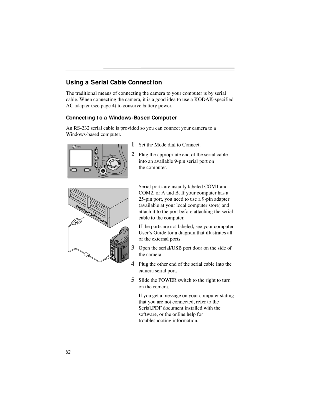 Kodak DC5000 manual Using a Serial Cable Connection, Connecting to a Windows-Based Computer 