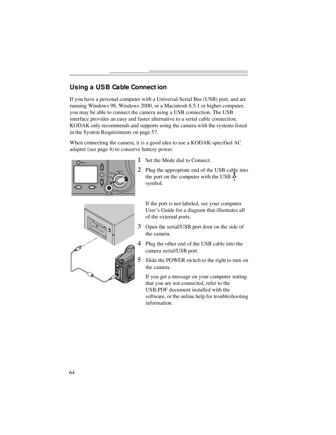 Kodak DC5000 manual Using a USB Cable Connection 