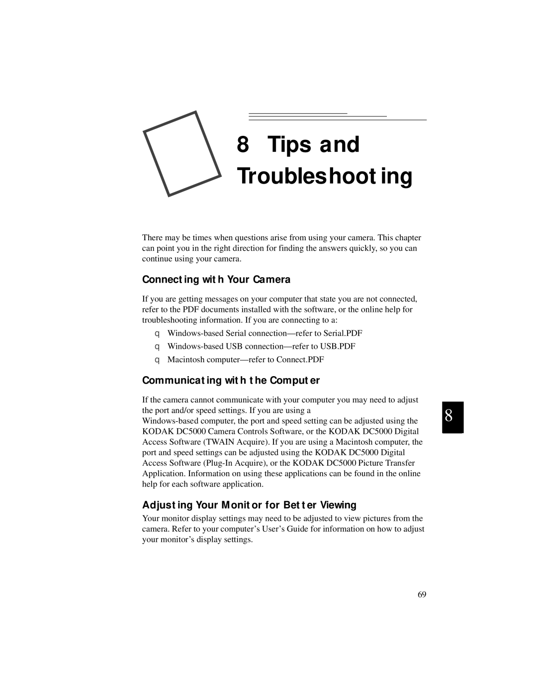 Kodak DC5000 manual Connecting with Your Camera Communicating with the Computer, Adjusting Your Monitor for Better Viewing 