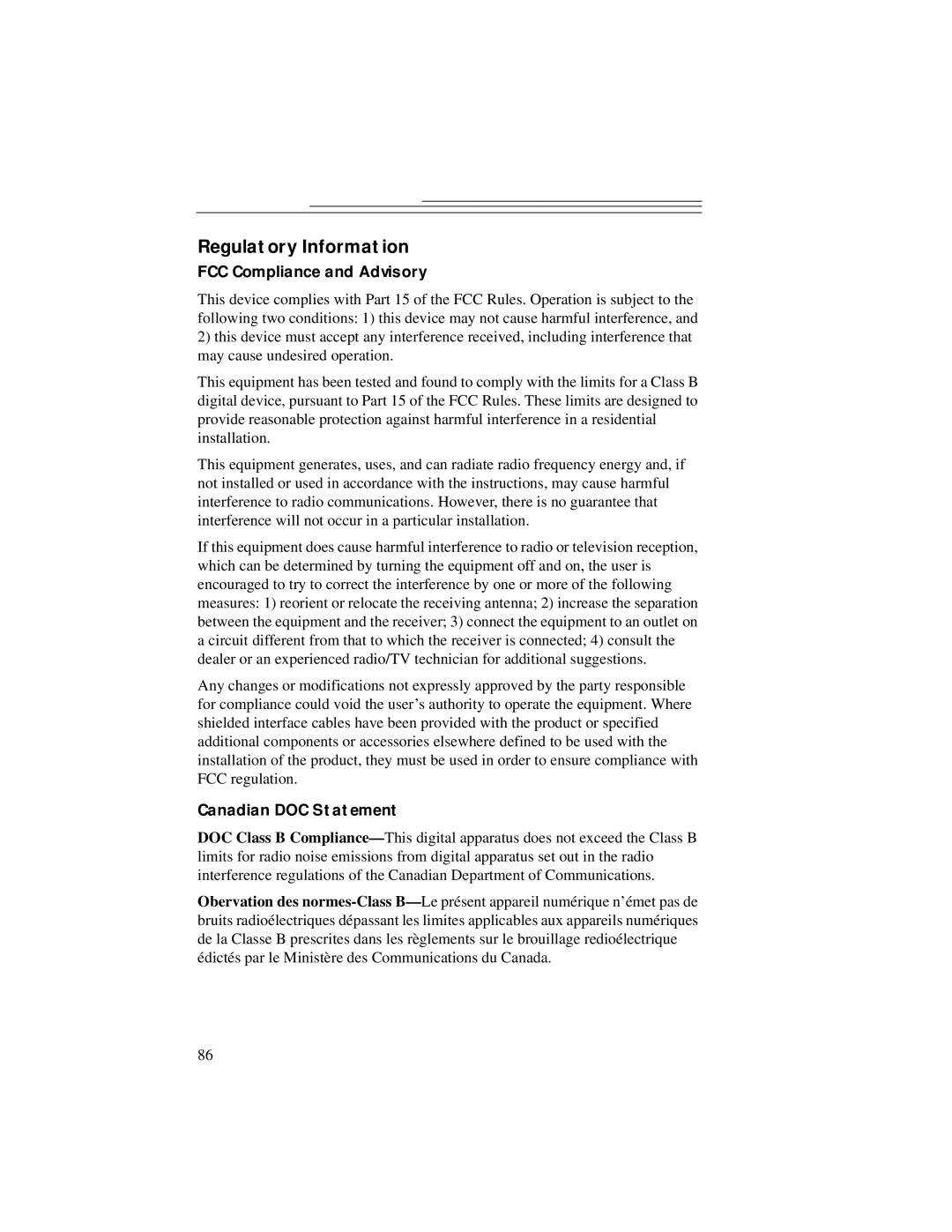 Kodak DC5000 manual Regulatory Information, FCC Compliance and Advisory, Canadian DOC Statement 