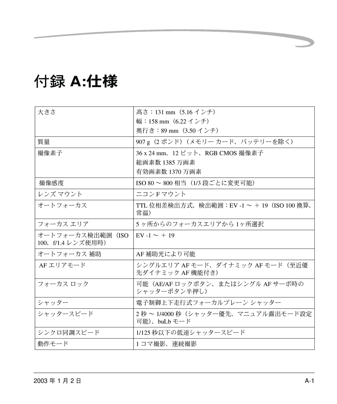 Kodak DCS 14n 高さ：131 mm （5.16 インチ）, ：158 mm （6.22 インチ）, 奥行き：89 mm （3.50 インチ）, 36 x 24 mm 、12 ビット、RGB Cmos 撮像素子, EV -1 ～ ＋ 