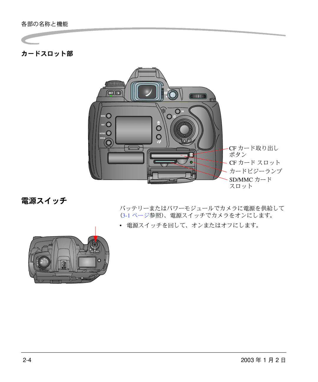 Kodak DCS 14n manual カードスロット部, Cf カード取り出し ボタン, Sd/Mmc カード スロット, 電源スイッチを回して、オンまたはオフにします。 